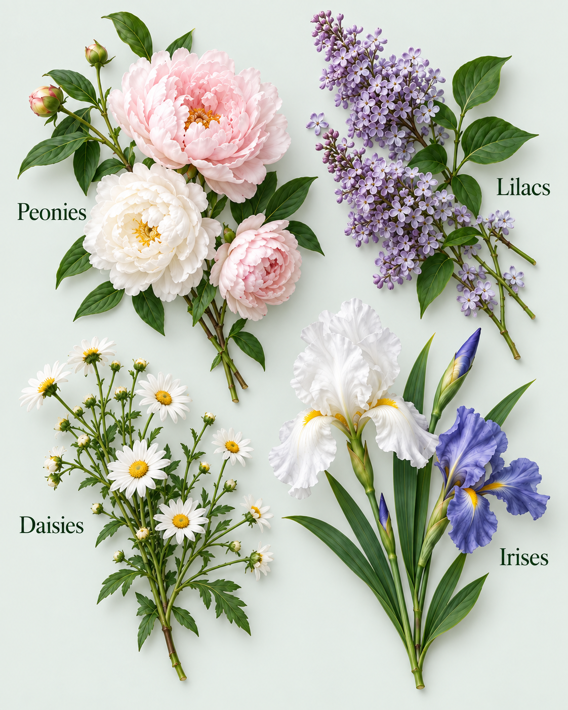 Peonies, lilacs, daisies and irises, each paired with its name on a pale gray-green background