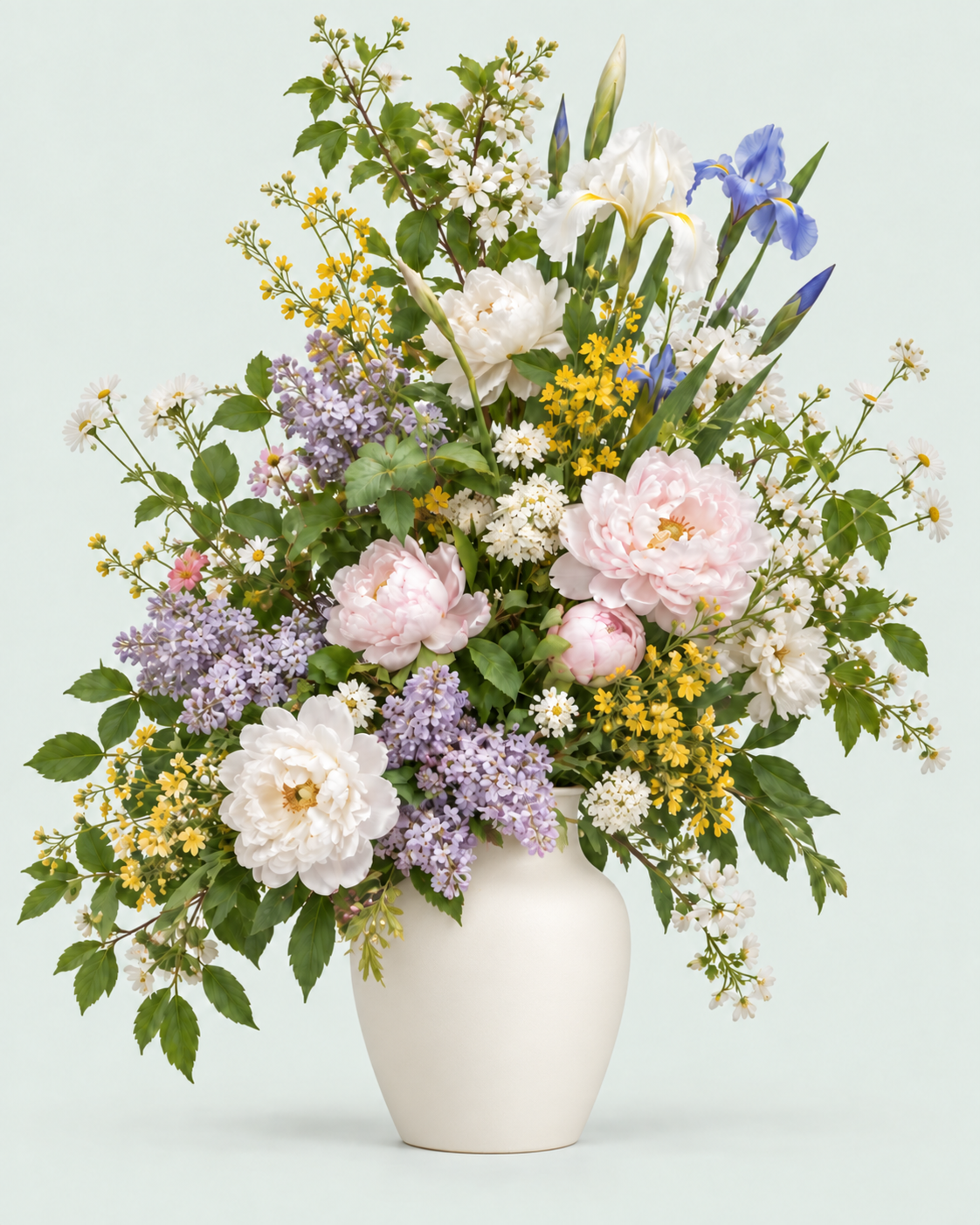 AI-generated Stemmoire bouquet interpretation with pink and white peonies, lilacs, irises, daisies and companion flowers in a modern ivory ceramic vase